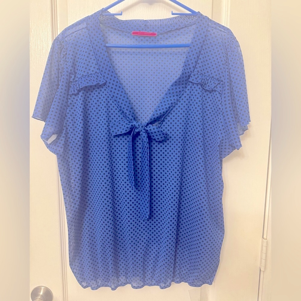 Julie's Closet Blue Sailor black dots Blouse with bow Tie Front elastic waste 1X